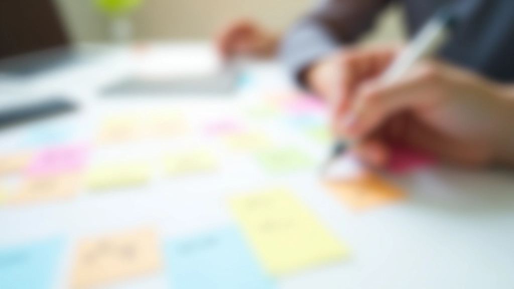Barevné plánovací kartičky a poznámky rozložené na stole, ruka přiděluje prioritu úkolu
