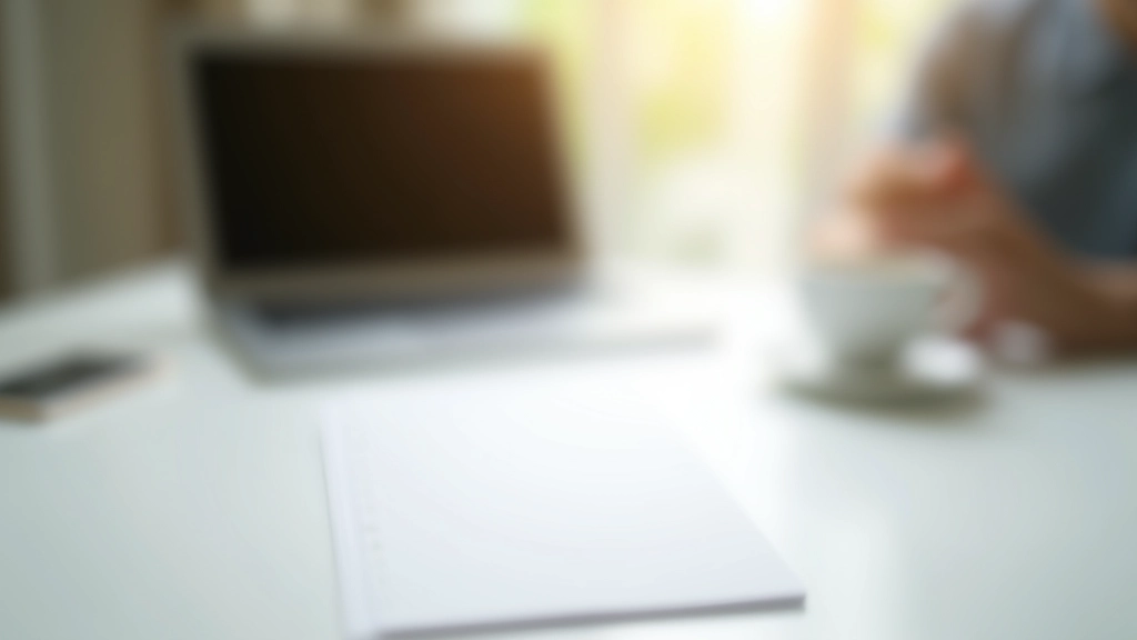 Pracovní prostor s počítačem, poznámkovým blokem a minimalistickým designem