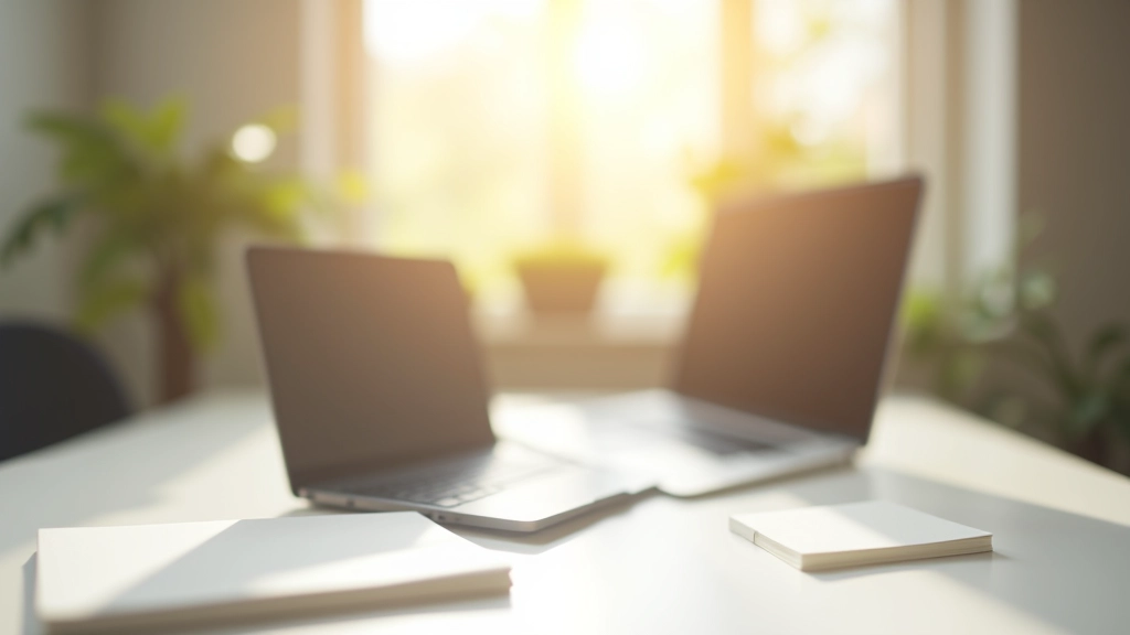 Pracovní prostor s počítačem, poznámkovým blokem a moderní minimalistickou dekorací v přirozeném světle