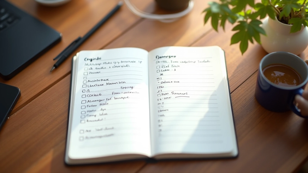 Notebook s rozvrhem na dřevěném stole vedle šálku kávy a telefonu