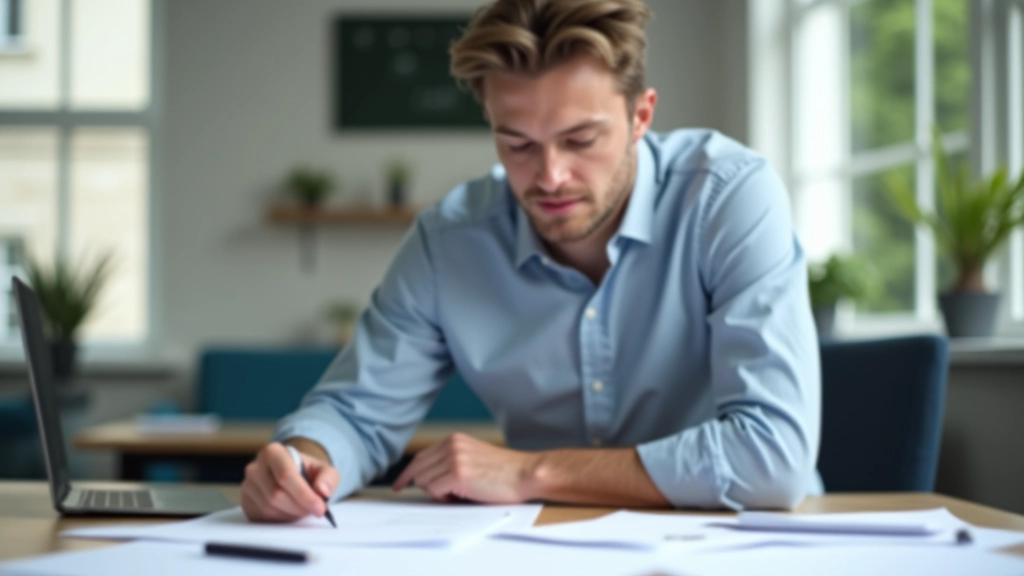 Osoba sedící u stolu s rozházenými poznámkami a tužkou v ruce, frustrovaný výraz