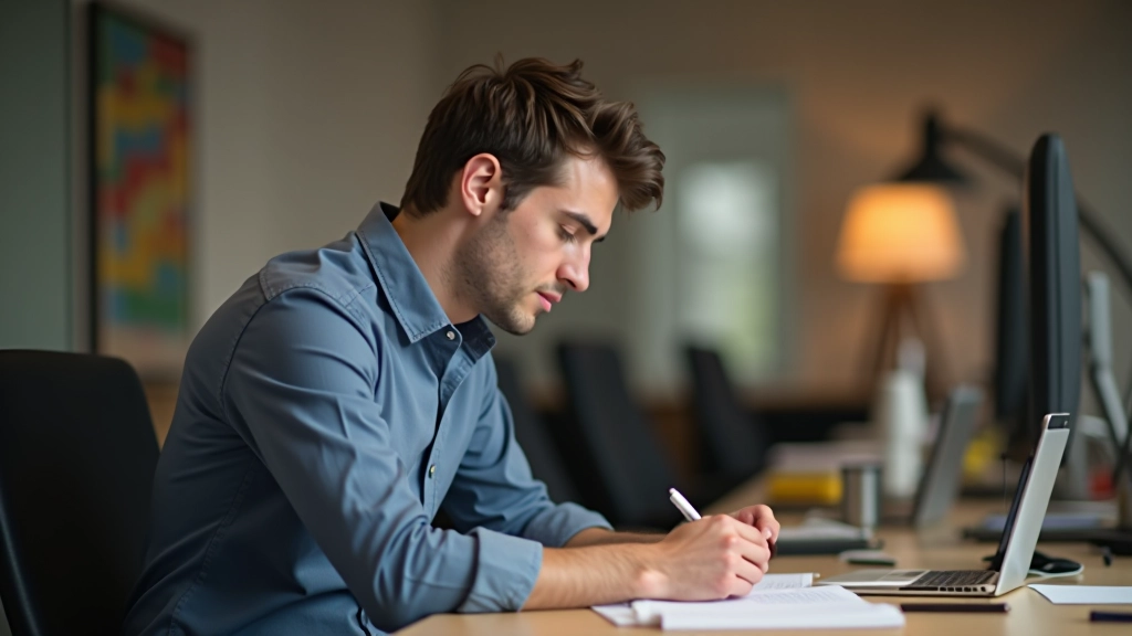 Osoba soustředěná na svou práci u stolu s poznámkami a časovým plánem