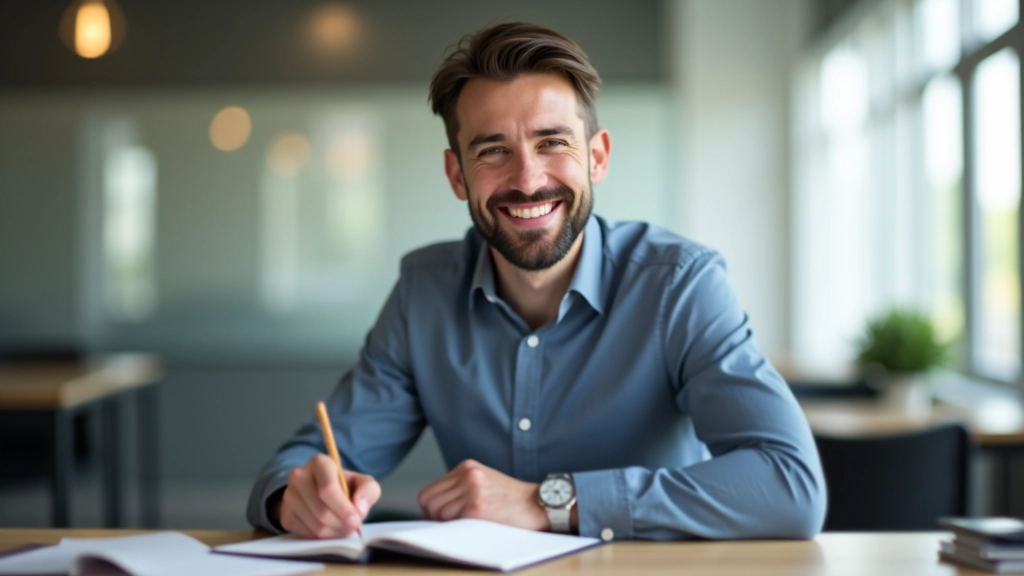 Osoba s úsměvem začíná pracovat na úkolu, soustředěná a připravená