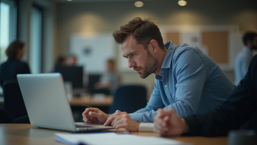 Hlasitá kancelář s mnoha lidmi a distraktory, člověk se pokouší soustředit