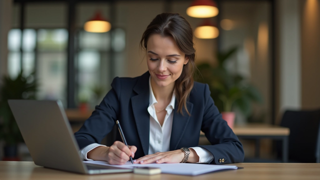 Žena s brýlemi, sedící u počítače, psoucí do poznámkového bloku, koncentrovaná
